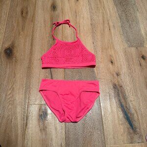 Justice Girls Bikini Set Crochet Halter Top & Matching Pink Bottoms Sz 12